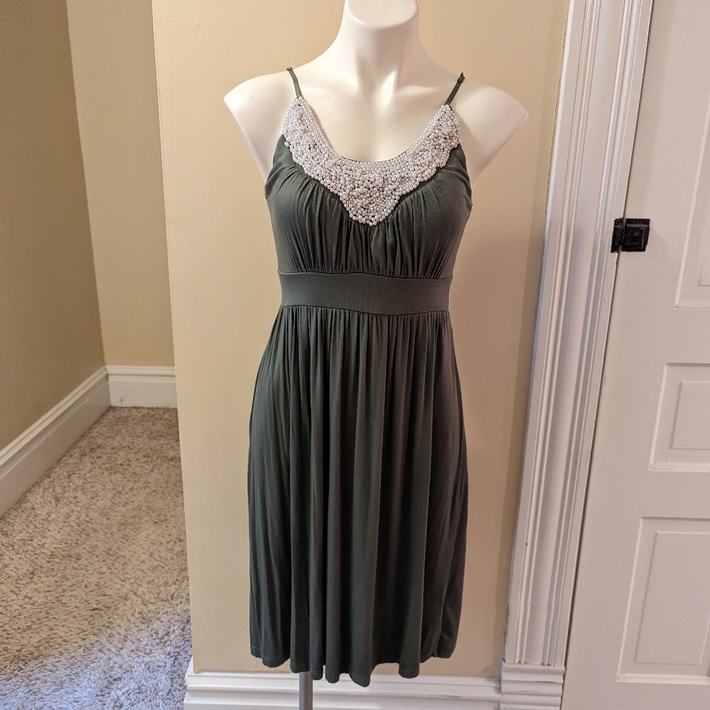 Soprano olive green summer dress with white bead accent size M